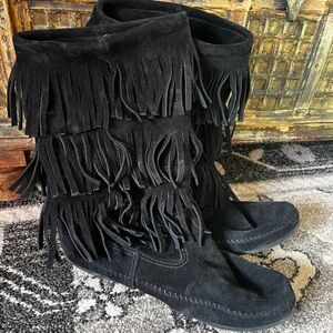 Minnetonka Black Suede Fringe Moccasins